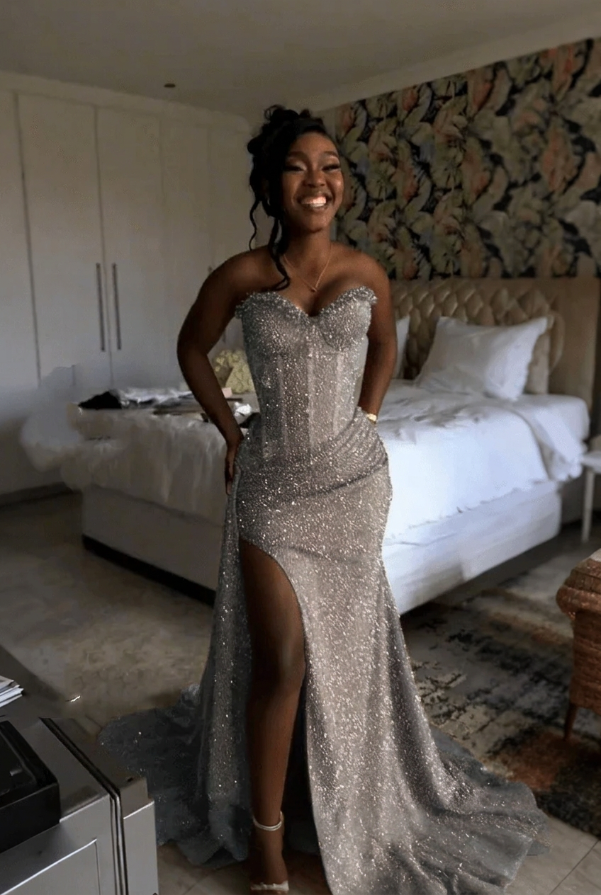 Silver strapless split-front mermaid prom dress