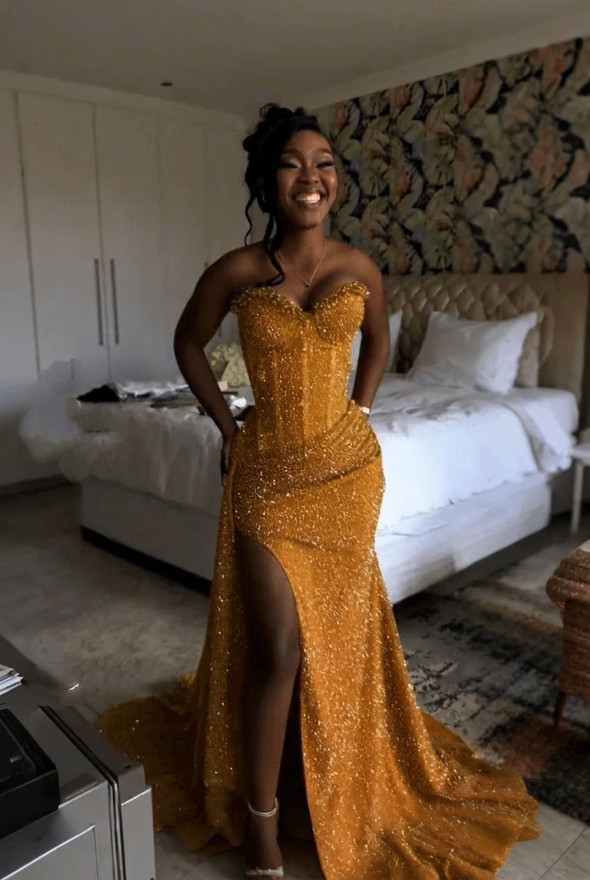 Gold strapless split-front mermaid prom dress
