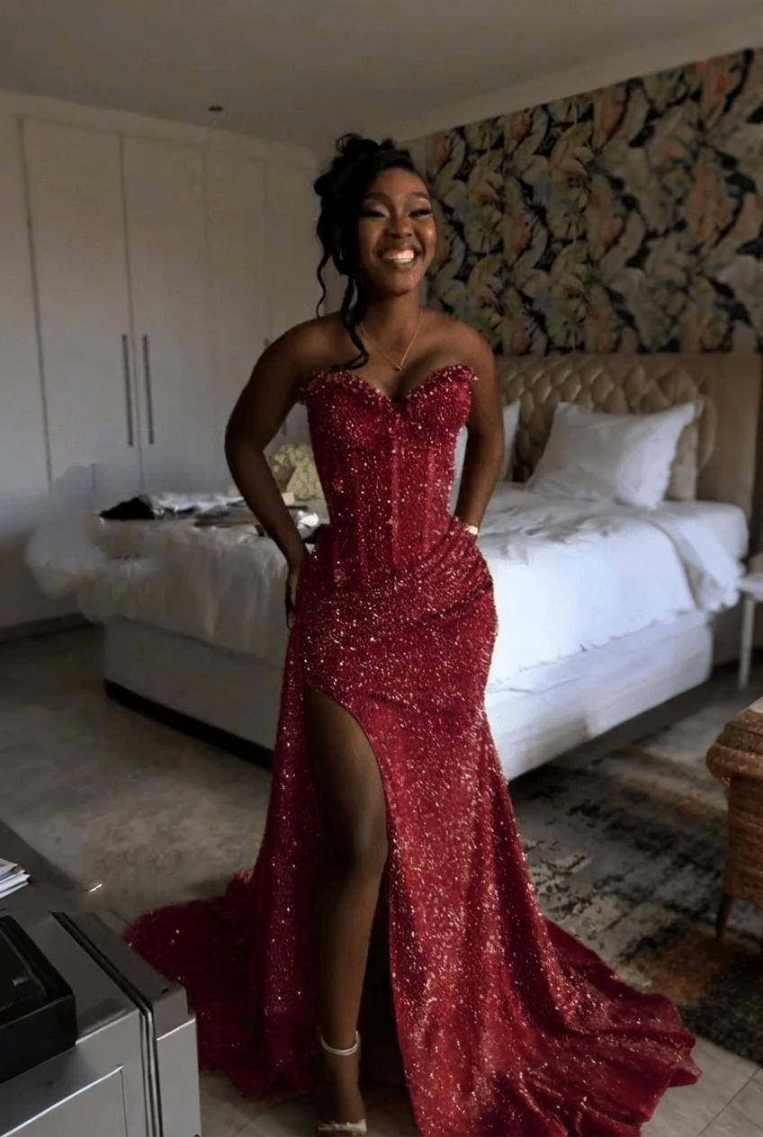 Burgundy strapless split-front mermaid prom dress