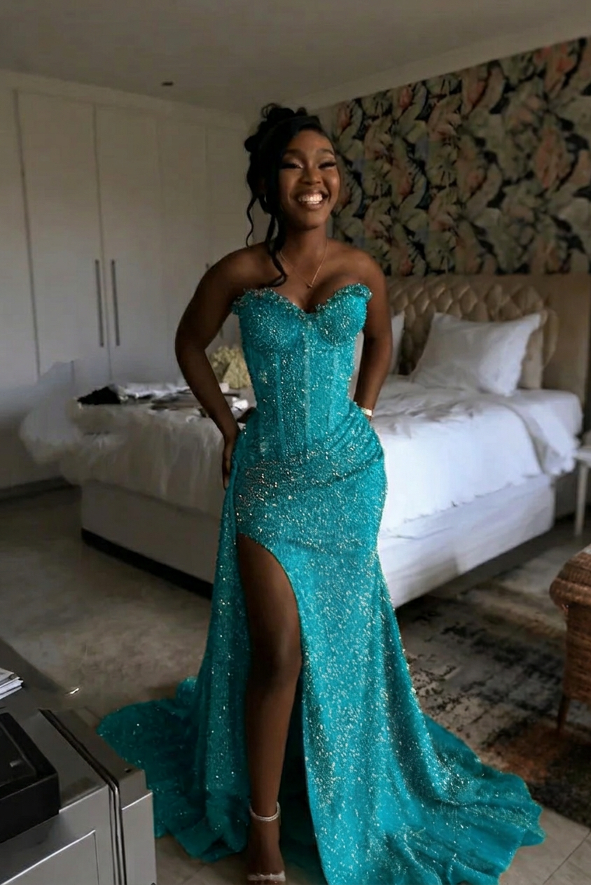 Peacock strapless split-front mermaid prom dress