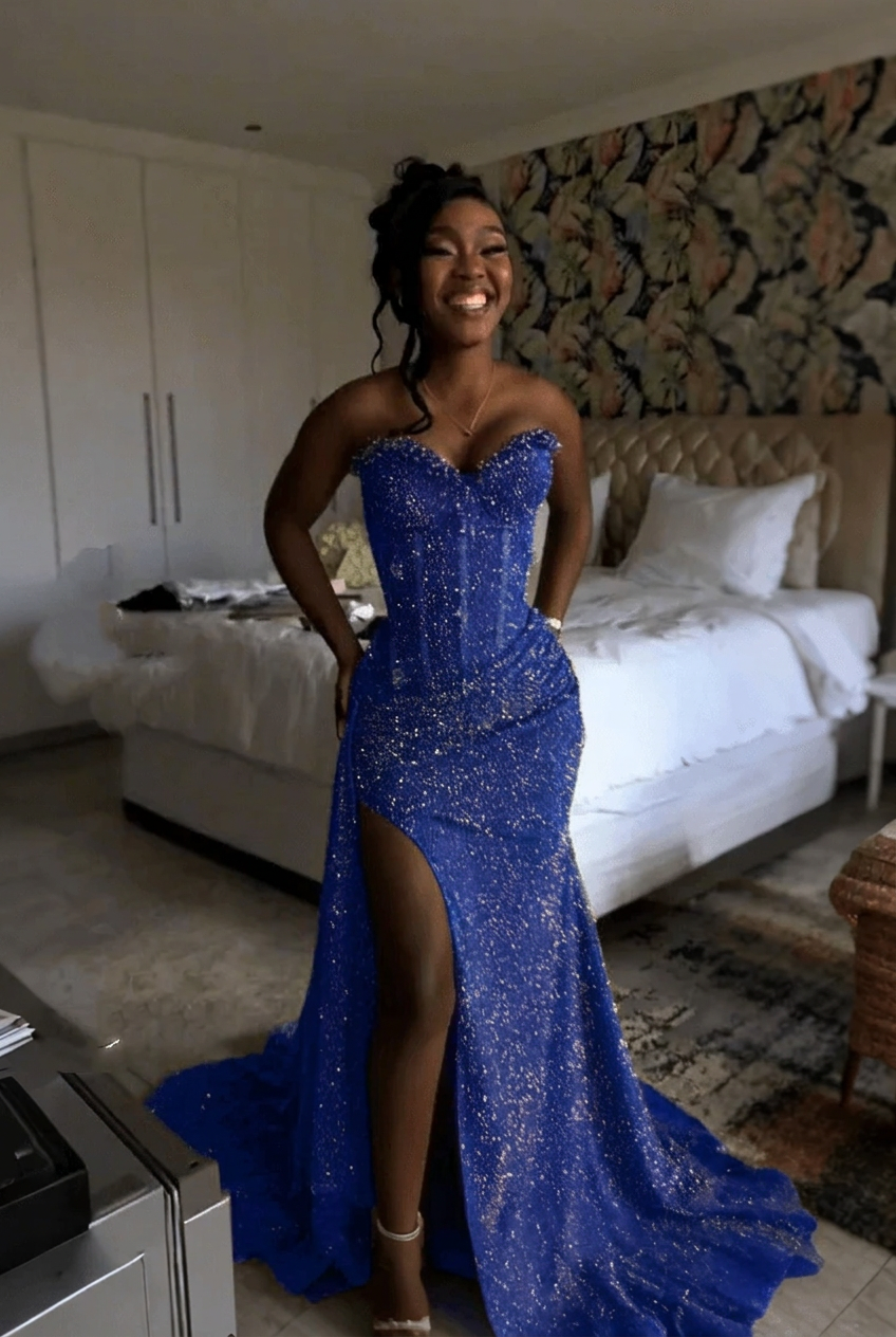 Royal blue strapless split-front mermaid prom dress
