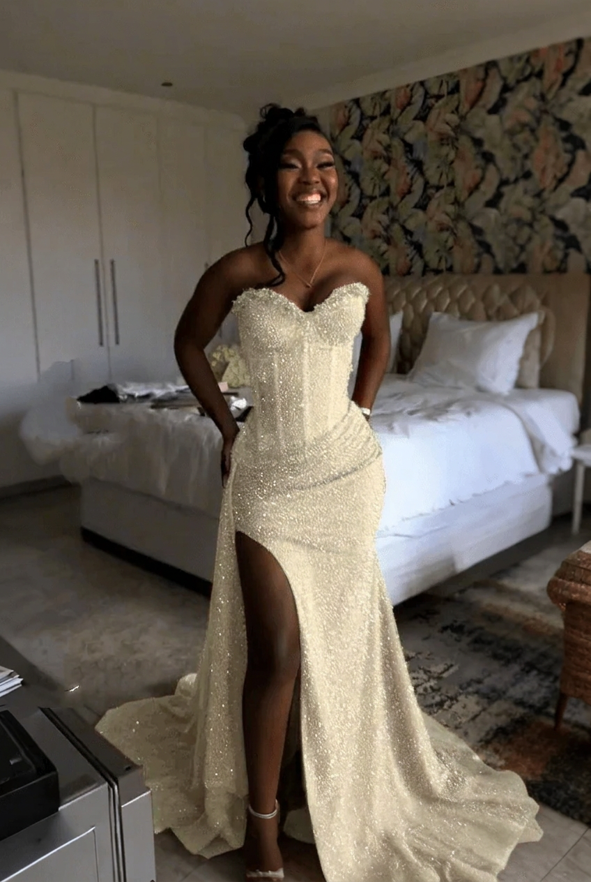 Ivory strapless split-front mermaid prom dress