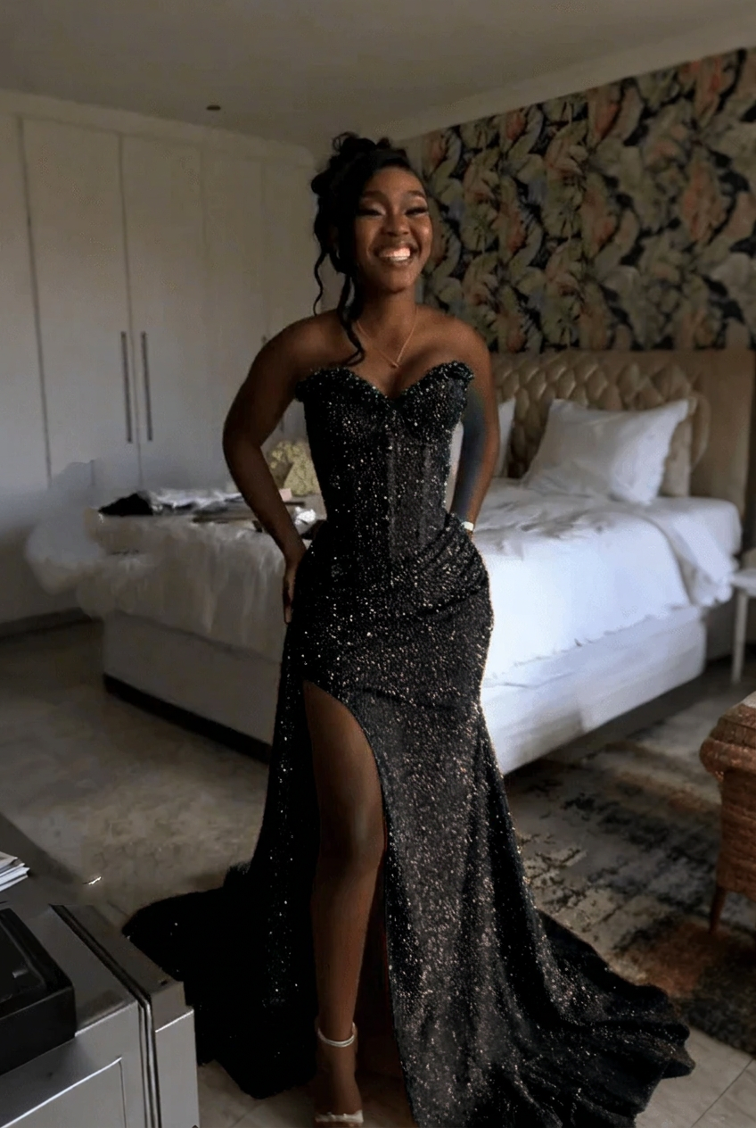 Black strapless split-front mermaid prom dress
