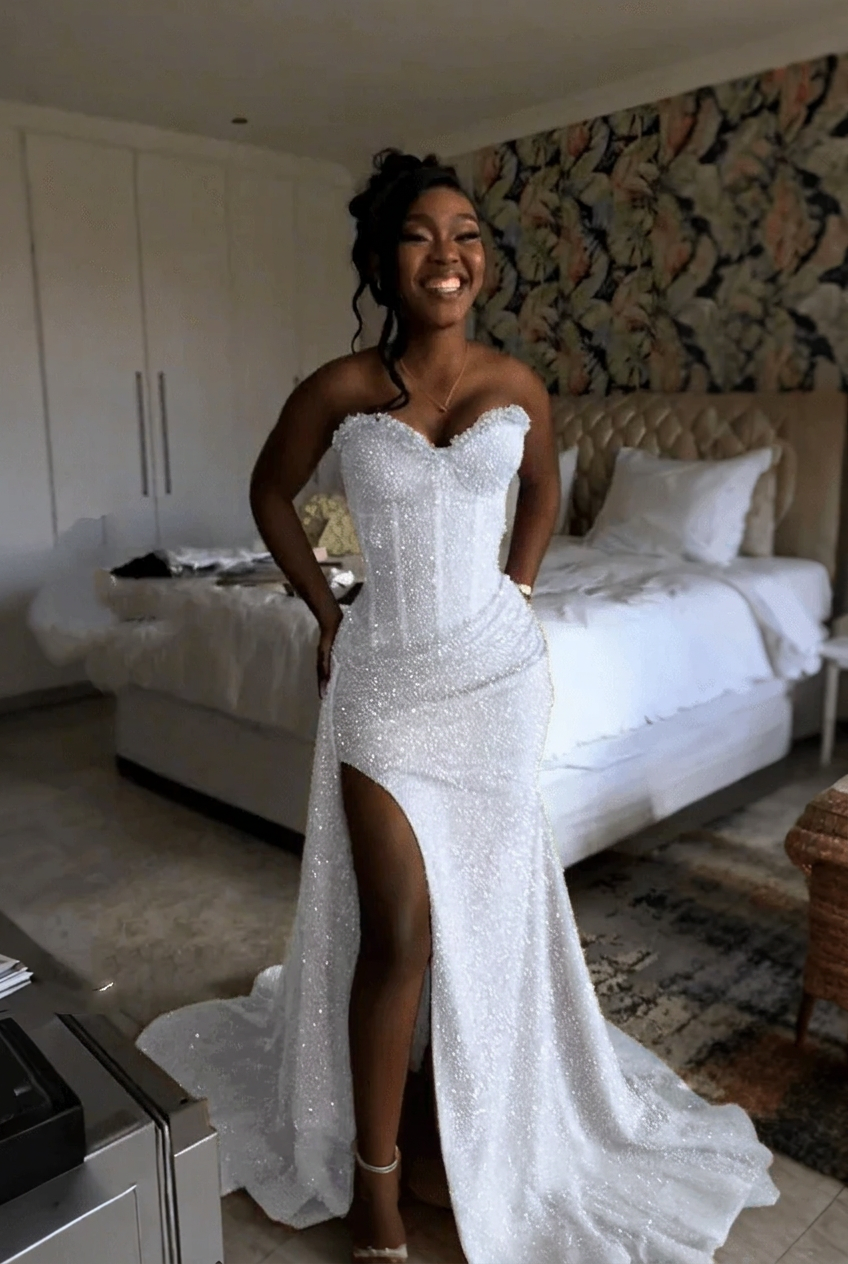 White strapless split-front mermaid prom dress