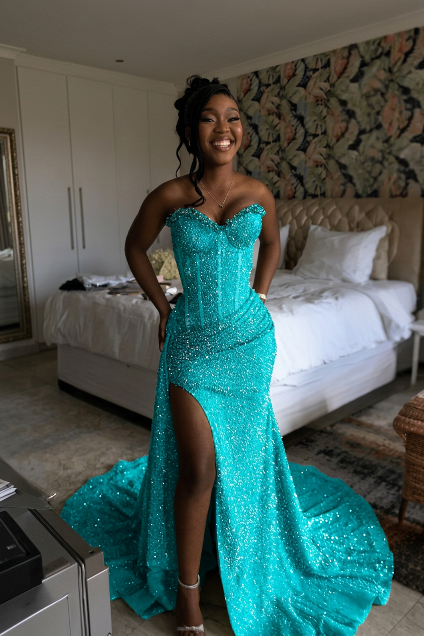 Peacock strapless split-front mermaid prom dress