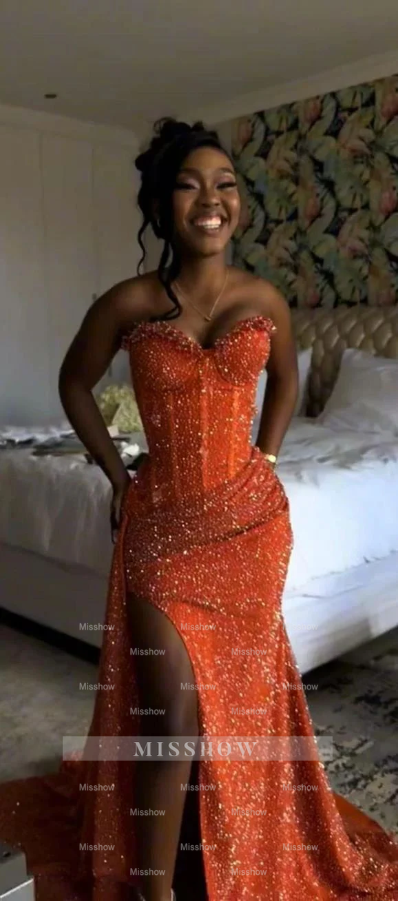 Orange strapless split-front mermaid prom dress