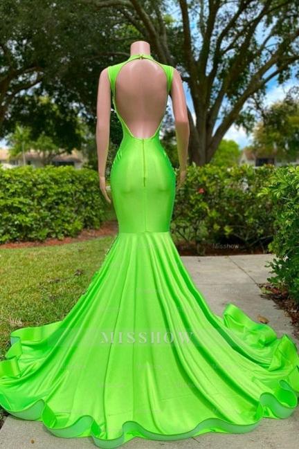Green v-neck applique mermaid prom dress