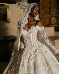 Gorgeous White Ball Gown Sweetheart Off-The-Shoulder Long Sleeves Lace Beaded Wedding Dress