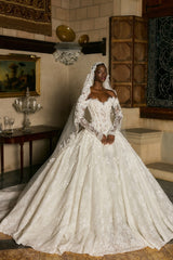 Gorgeous White Ball Gown Sweetheart Off-The-Shoulder Long Sleeves Lace Beaded Wedding Dress