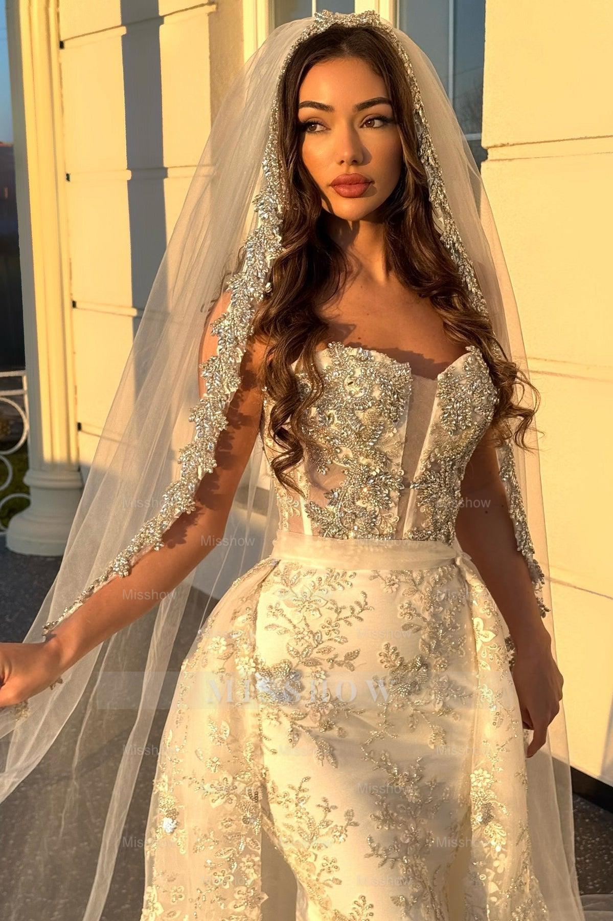 Champagne strapless rhinestone mermaid wedding dress