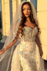Champagne strapless rhinestone mermaid wedding dress