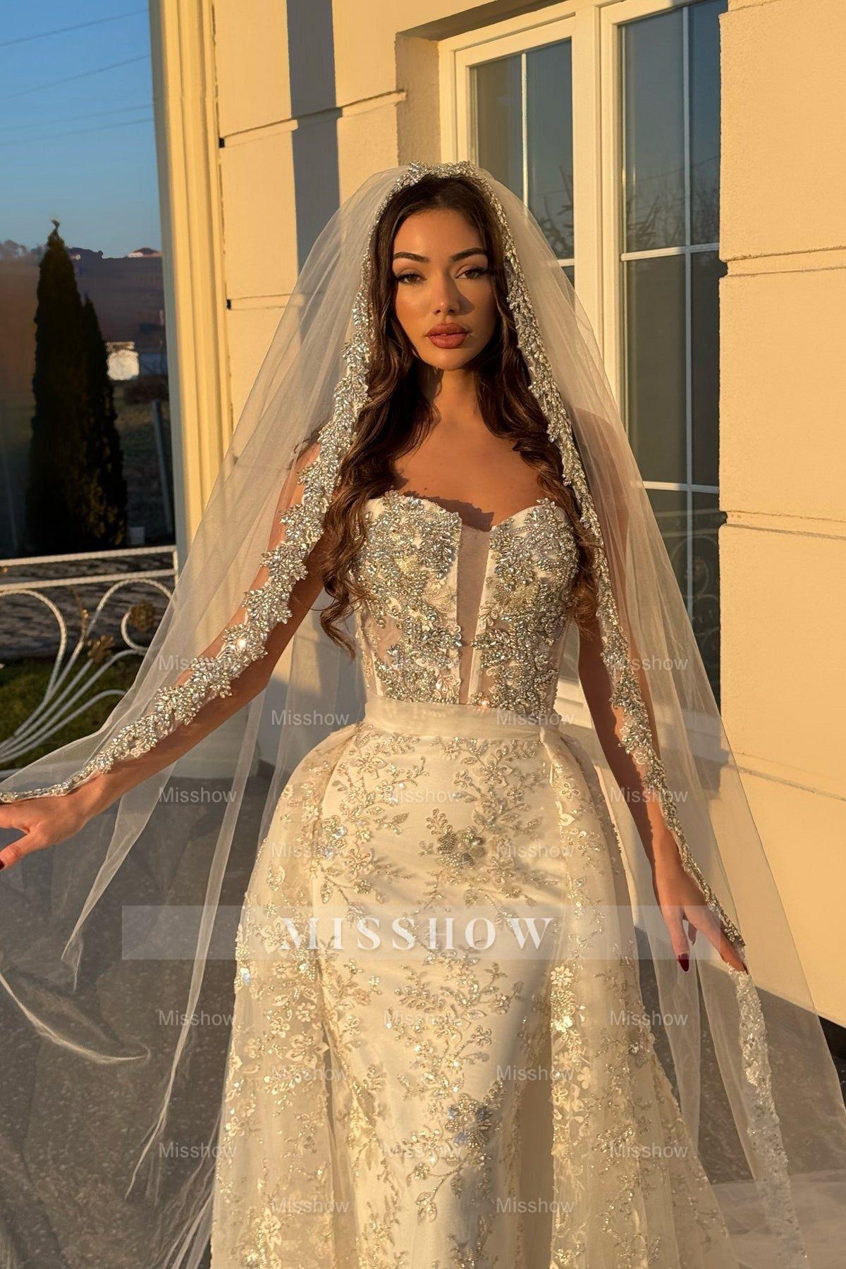 Gold strapless rhinestone mermaid wedding dress