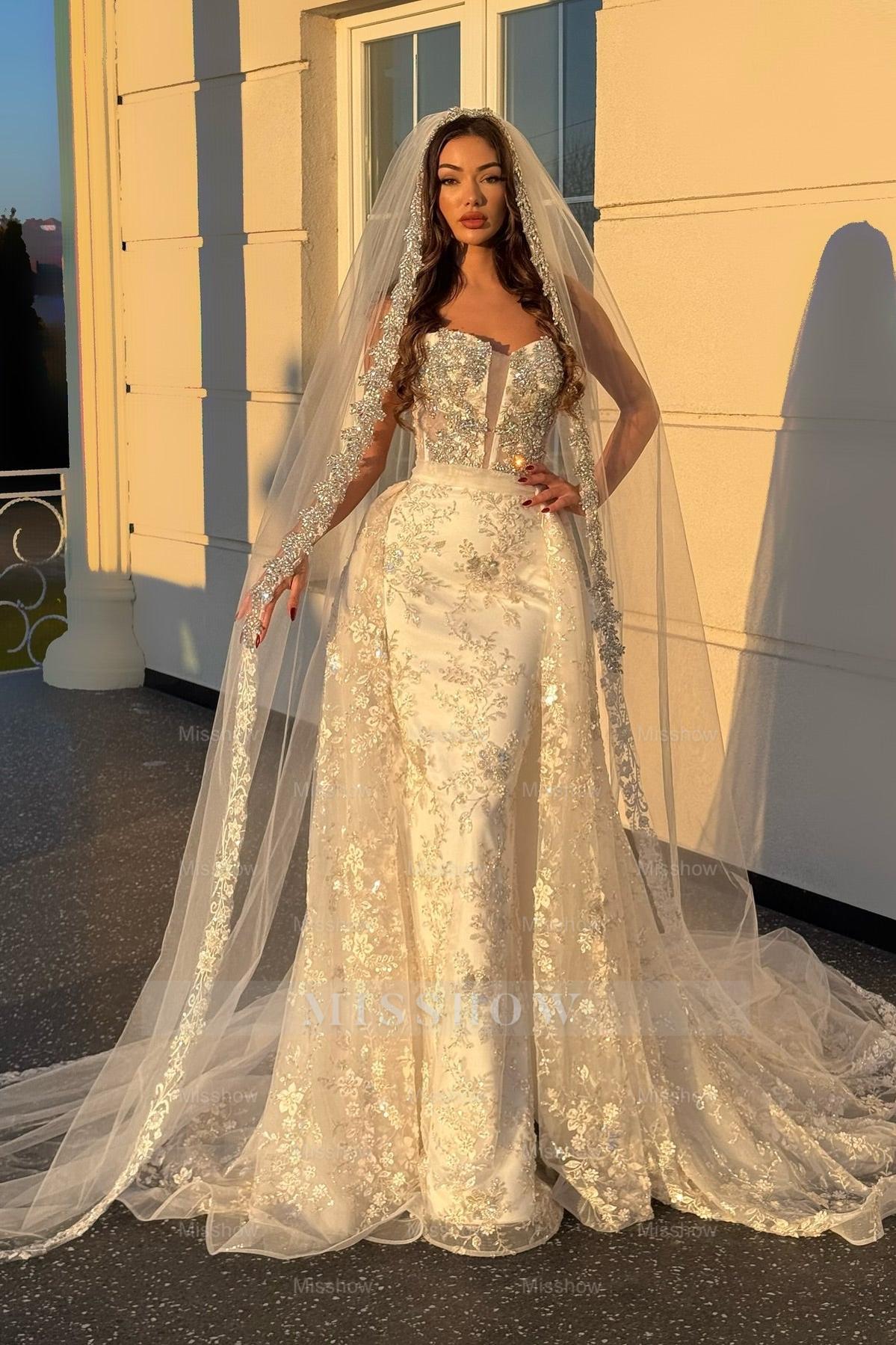 Champagne strapless rhinestone mermaid wedding dress