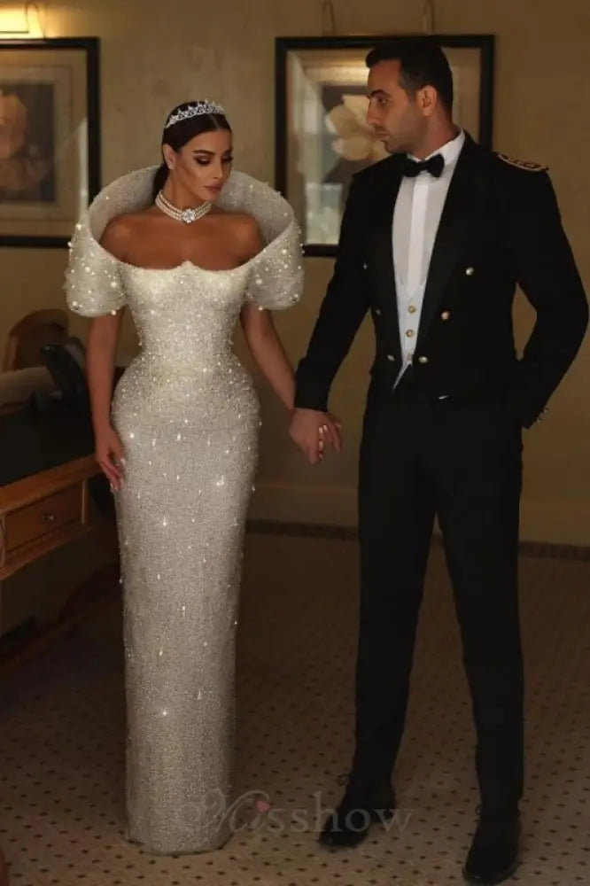 Gorgeous White Glitter Sequins Mermaid Wedding Gown Sweetheart Long Bridal Dress