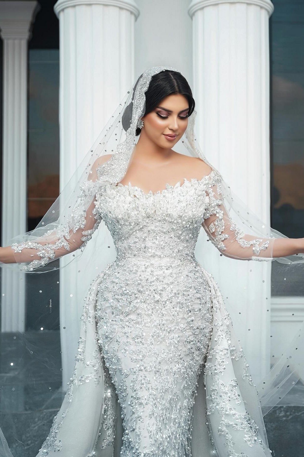 Gorgeous White Mermaid Off-The-Shoulder Strapless Beaded Long Sleeves Sequined Detachable Panel Train Long Tulle Wedding Dresses With Pearls And Appliques