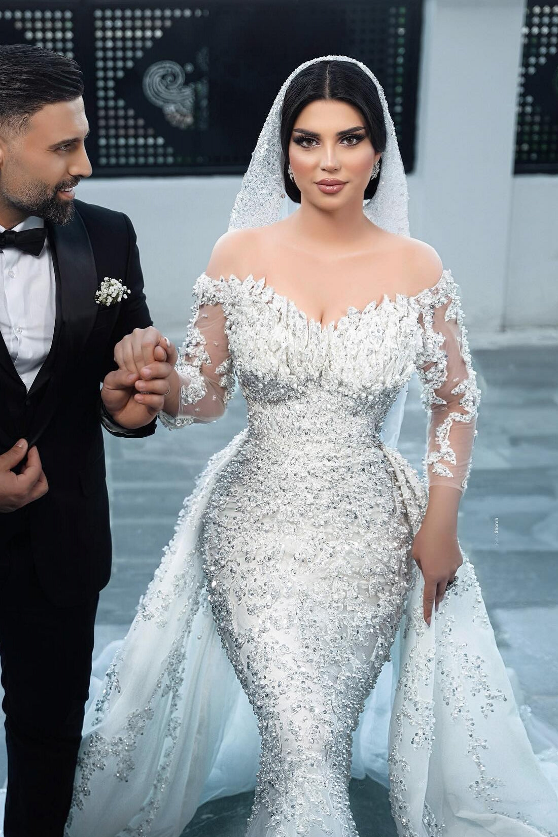 Gorgeous White Mermaid Off-The-Shoulder Strapless Beaded Long Sleeves Sequined Detachable Panel Train Long Tulle Wedding Dresses With Pearls And Appliques