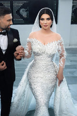 Gorgeous White Mermaid Off-The-Shoulder Strapless Beaded Long Sleeves Sequined Detachable Panel Train Long Tulle Wedding Dresses With Pearls And Appliques
