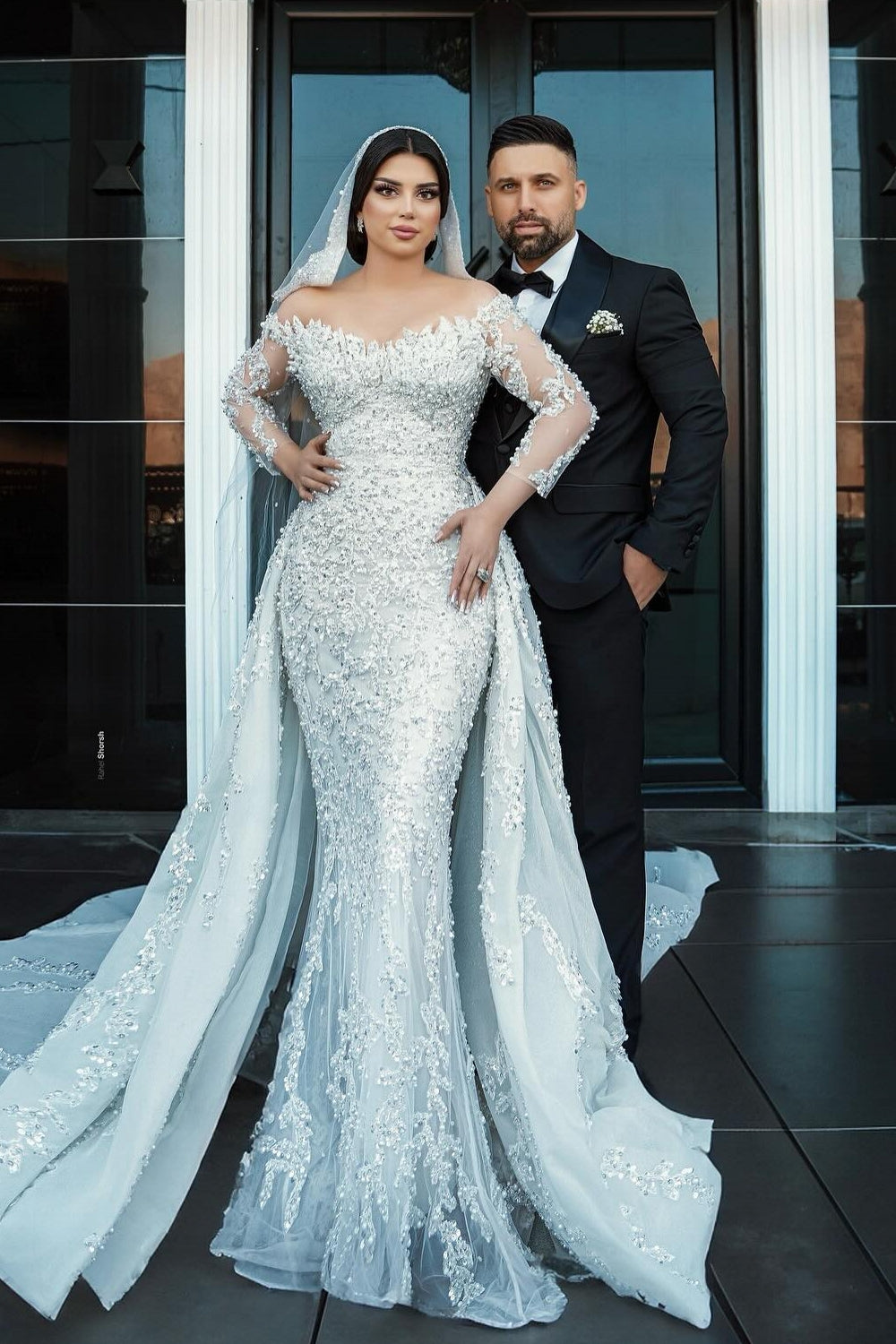 Gorgeous White Mermaid Off-The-Shoulder Strapless Beaded Long Sleeves Sequined Detachable Panel Train Long Tulle Wedding Dresses With Pearls And Appliques