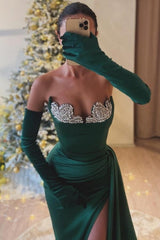 Gorgeous Dark Green Sweetheart Mermaid Beaded Split Front Ruffle Evening Dresses With Rhinestone