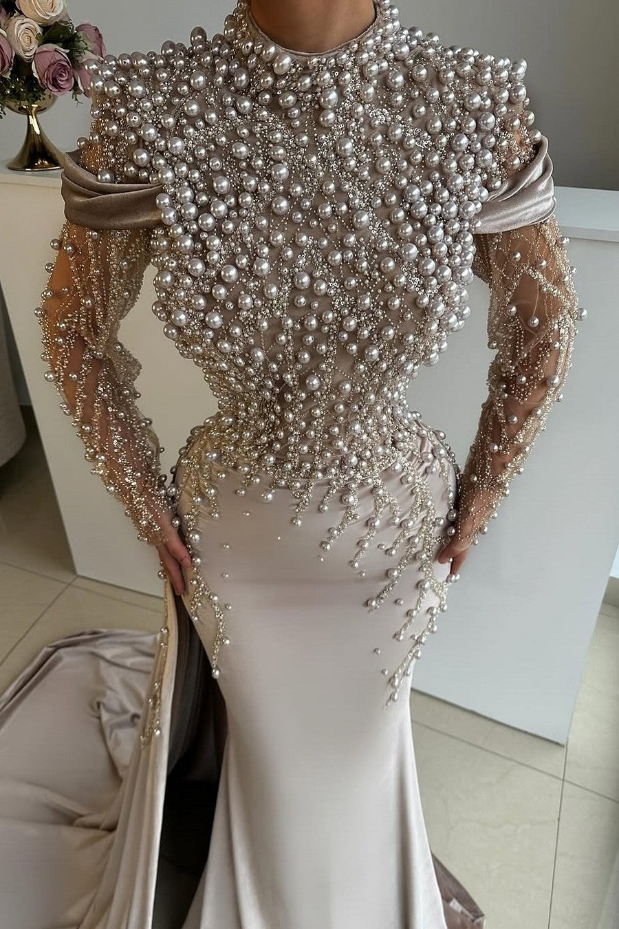 Gorgeous High-Neck Mermaid Silver Beaded Long Sleeves Front Split Long Satin Evening Dresses with Pearls