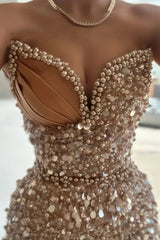 Gorgeous Long Champagne Sequined Beads Sleeveless Prom Dress