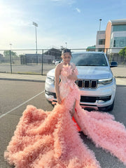 Gorgeous Long Pink Mermaid Sleeveless Beading Pearls Prom Dress with Slit