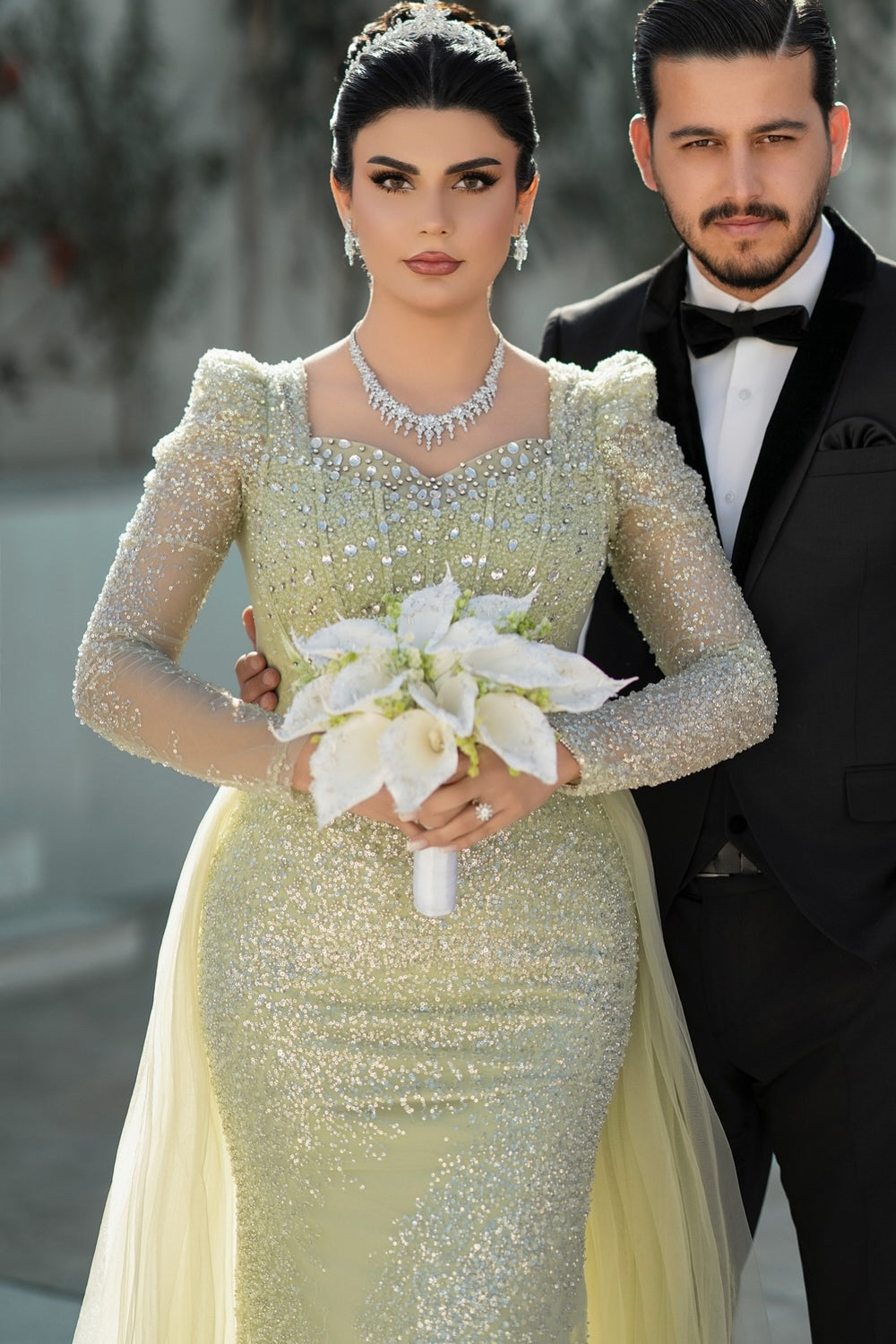 Gorgeous Sage Mermaid Square Long Sleeves Sequined Panel Train Tulle Evening Dress With Rhinestones
