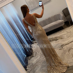 Gorgous Long Champagne Mermaid V-neck Sleeveless Sequined Beaded Prom Dress with Slit