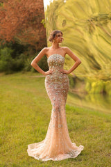 Graceful Champagne Sleeveless Strapless Mermaid Prom Dress with Rhinestones