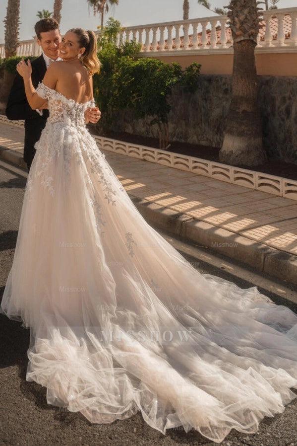 Graceful Ivory Off-The-Shoulder Sleeveless A-Line Wedding Dress with Appliques