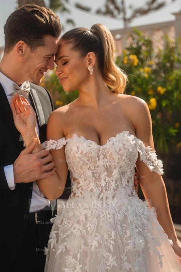 Graceful Ivory Off-The-Shoulder Sleeveless A-Line Wedding Dress with Appliques