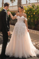 Graceful Ivory Off-The-Shoulder Sleeveless A-Line Wedding Dress with Appliques