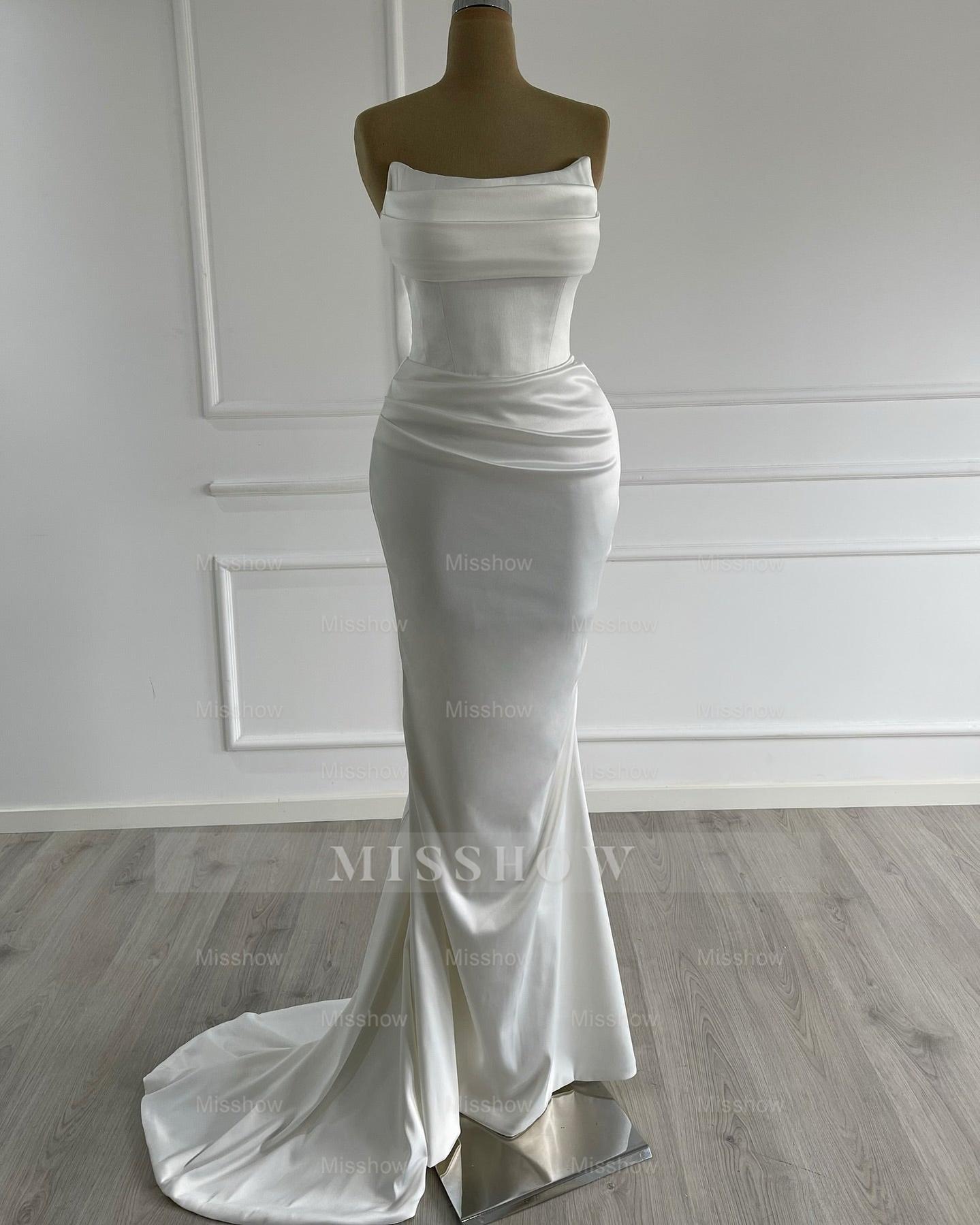 Graceful Ivory Strapless Sleeveless Mermaid Wedding Dress with Ruffles