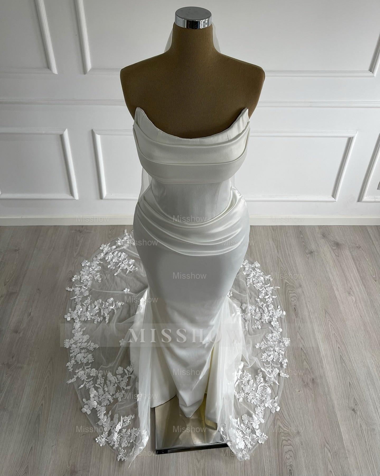 Graceful Ivory Strapless Sleeveless Mermaid Wedding Dress with Ruffles