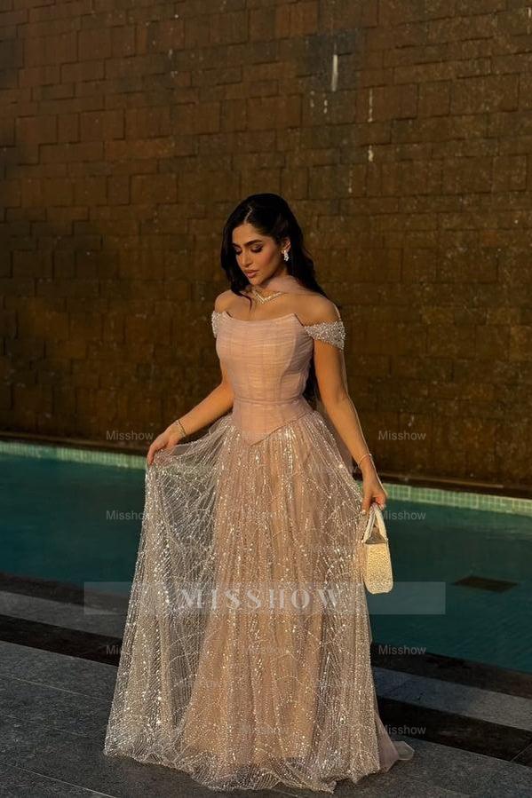 Graceful Pink A-line Off-The-Shoulder Beaded Lace Evening Dress