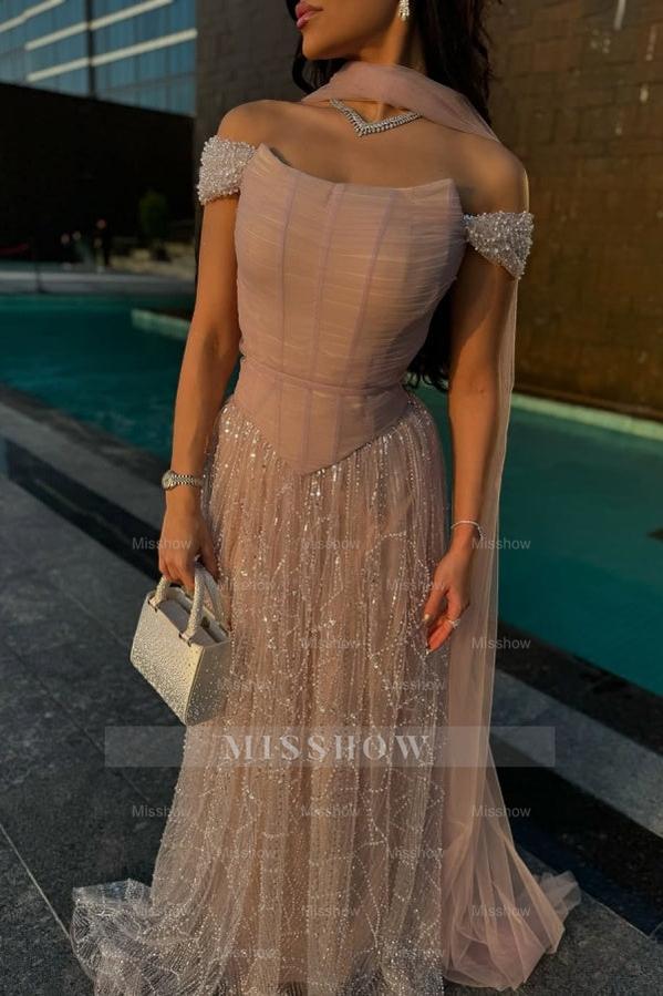 Graceful Pink A-line Off-The-Shoulder Beaded Lace Evening Dress