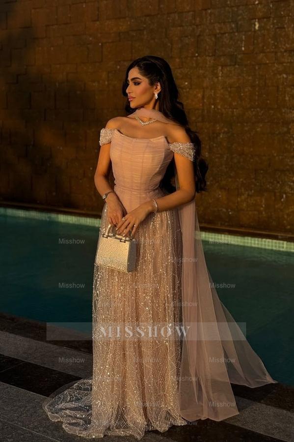 Graceful Pink A-line Off-The-Shoulder Beaded Lace Evening Dress