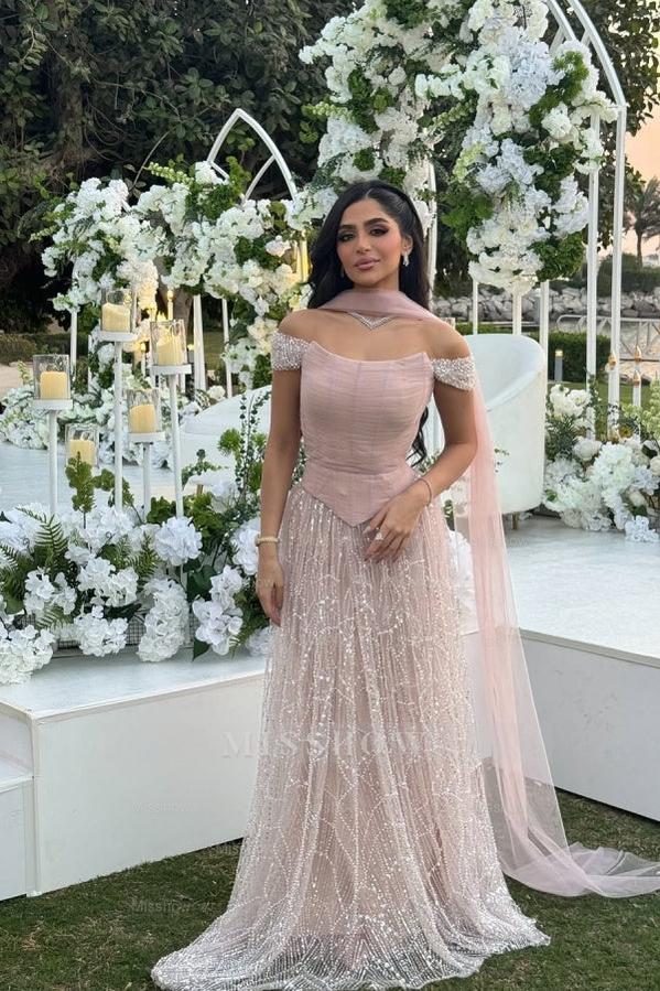 Graceful Pink A-line Off-The-Shoulder Beaded Lace Evening Dress