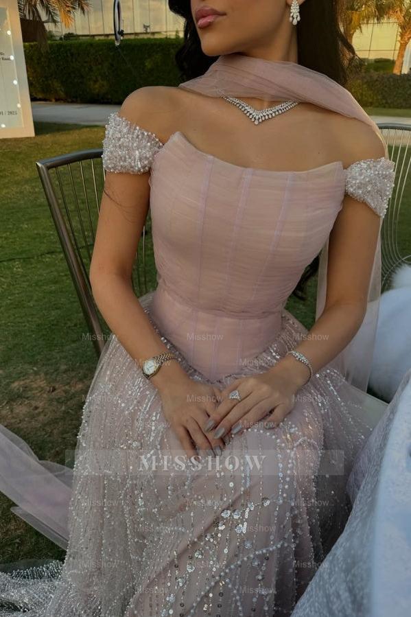 Graceful Pink A-line Off-The-Shoulder Beaded Lace Evening Dress