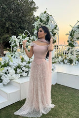 Graceful Pink A-line Off-The-Shoulder Beaded Lace Evening Dress