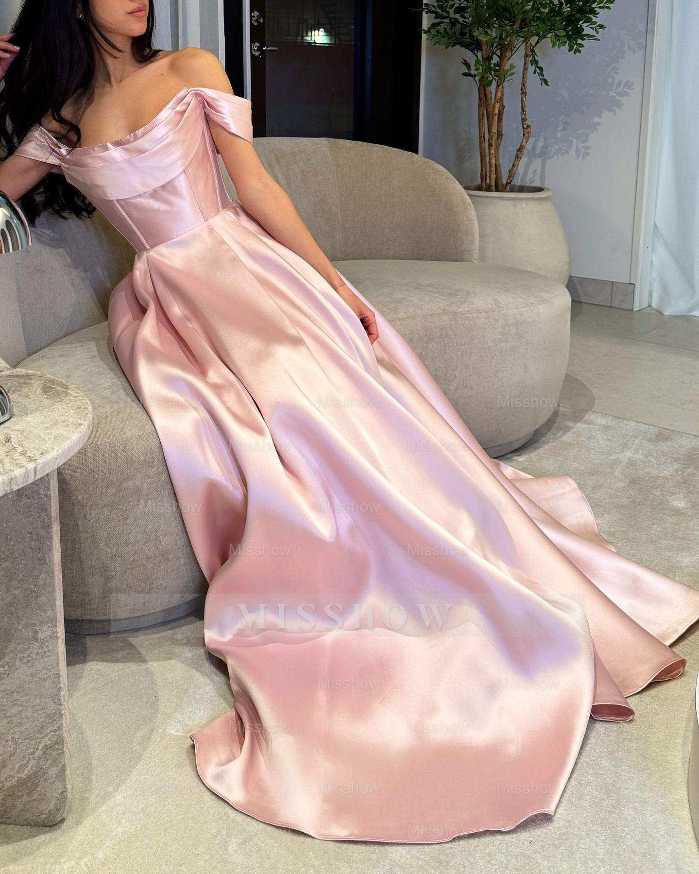 Graceful Pink Off-The-Shoulder Sleeveless A-Line Formal Dress