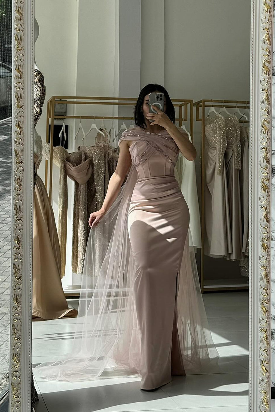 Graceful Pink Off-The-Shoulder Sleeveless Beaded Mermaid Formal Dress with Watteau Train Graceful Pink Off-The-Shoulder Sleeveless Beaded Mermaid Formal Dress with Watteau Train