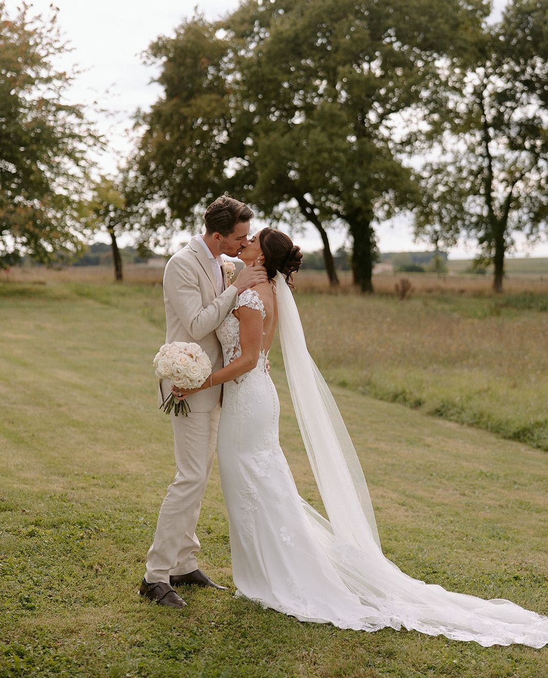Graceful White Scoop Capped Applique Lace Chapel Train Mermaid Wedding Dress
