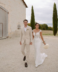 Graceful White Scoop Capped Applique Lace Chapel Train Mermaid Wedding Dress