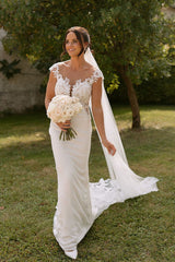 Graceful White Scoop Capped Applique Lace Chapel Train Mermaid Wedding Dress
