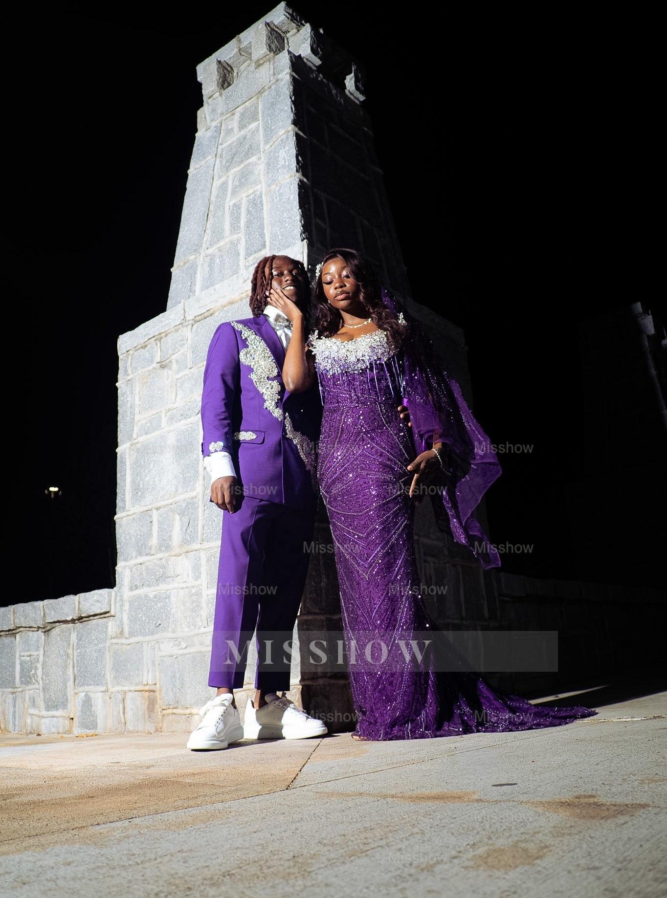 Grape Strapless Prom Dress Beaded Mermaid Gown with Veil