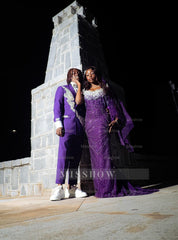 Grape Strapless Prom Dress Beaded Mermaid Gown with Veil