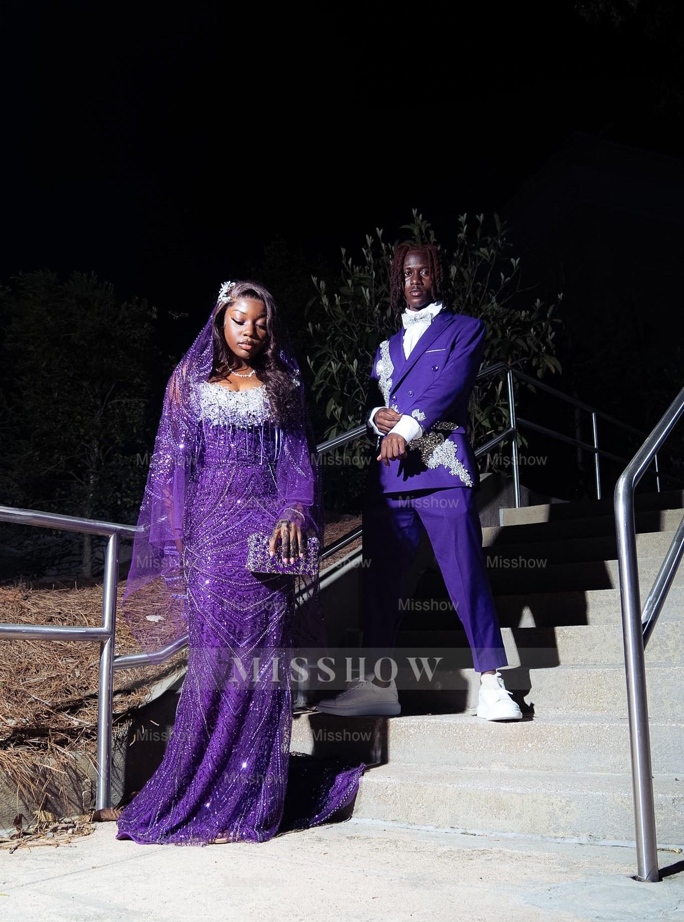 Grape Strapless Prom Dress Beaded Mermaid Gown with Veil