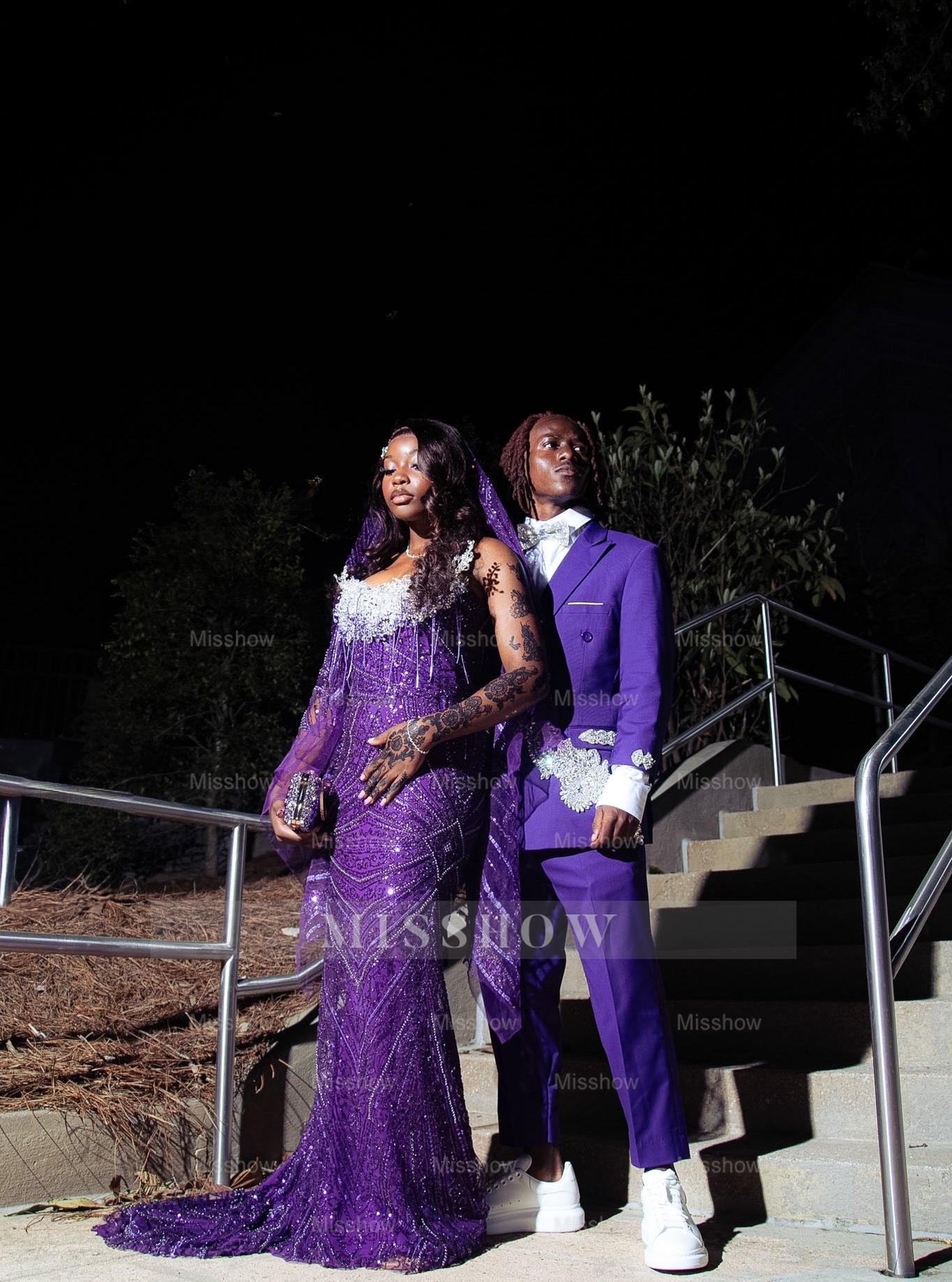 Grape Strapless Prom Dress Beaded Mermaid Gown with Veil