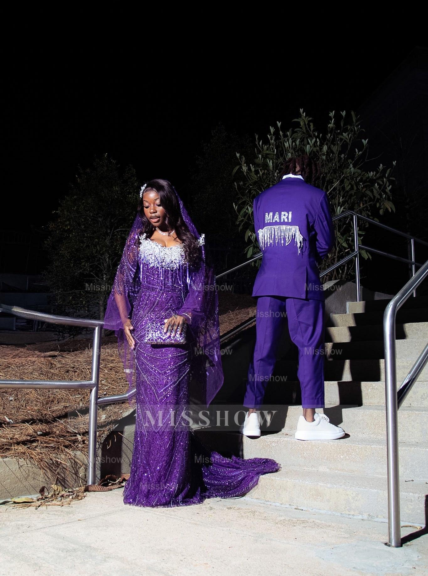 Grape Strapless Prom Dress Beaded Mermaid Gown with Veil